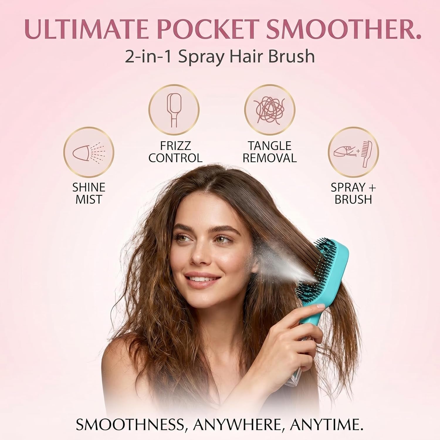 Hair Refresh Spray Brush, 2-In-1 Detangling Hairbrush with Fine Mist Sprayer, Instant Morning Hair Fix, No-Wash Styling Tool, Anti-Frizz & Static Control, Portable for Travel Gym Office