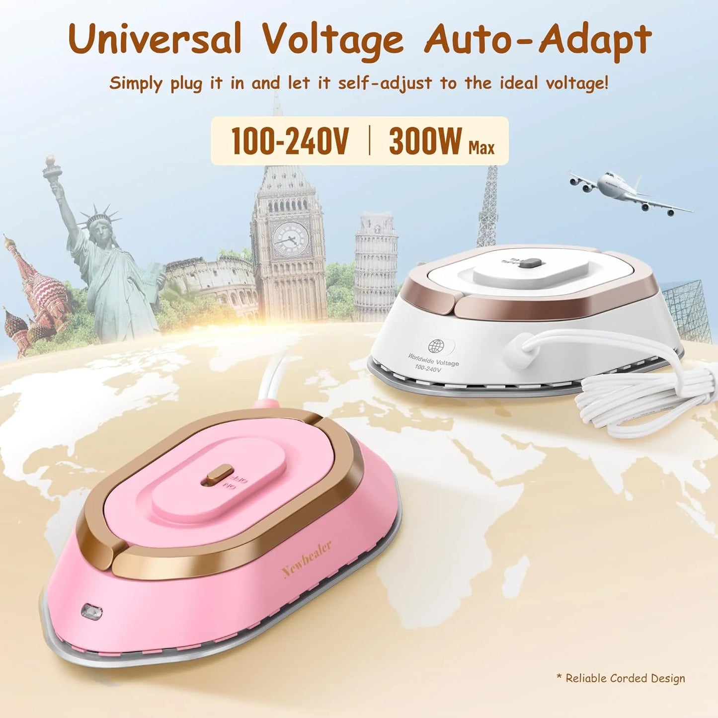 Dual Voltage Travel Iron - 100V-240V Portable Iron for Clothes,0.8Lb Ultra-Lightweight,Non-Stick Ceramic Soleplate, 302°F Mini Iron for Craft (Rose Gold)​