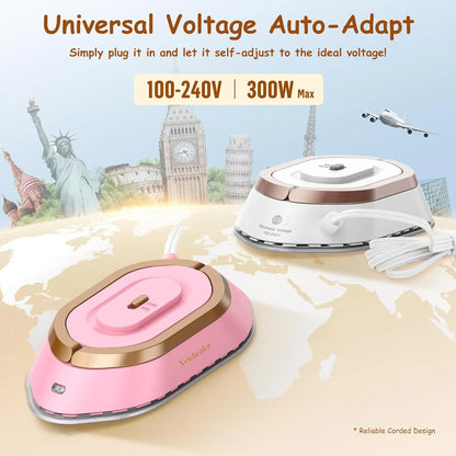 Dual Voltage Travel Iron - 100V-240V Portable Iron for Clothes,0.8Lb Ultra-Lightweight,Non-Stick Ceramic Soleplate, 302°F Mini Iron for Craft (Rose Gold)​