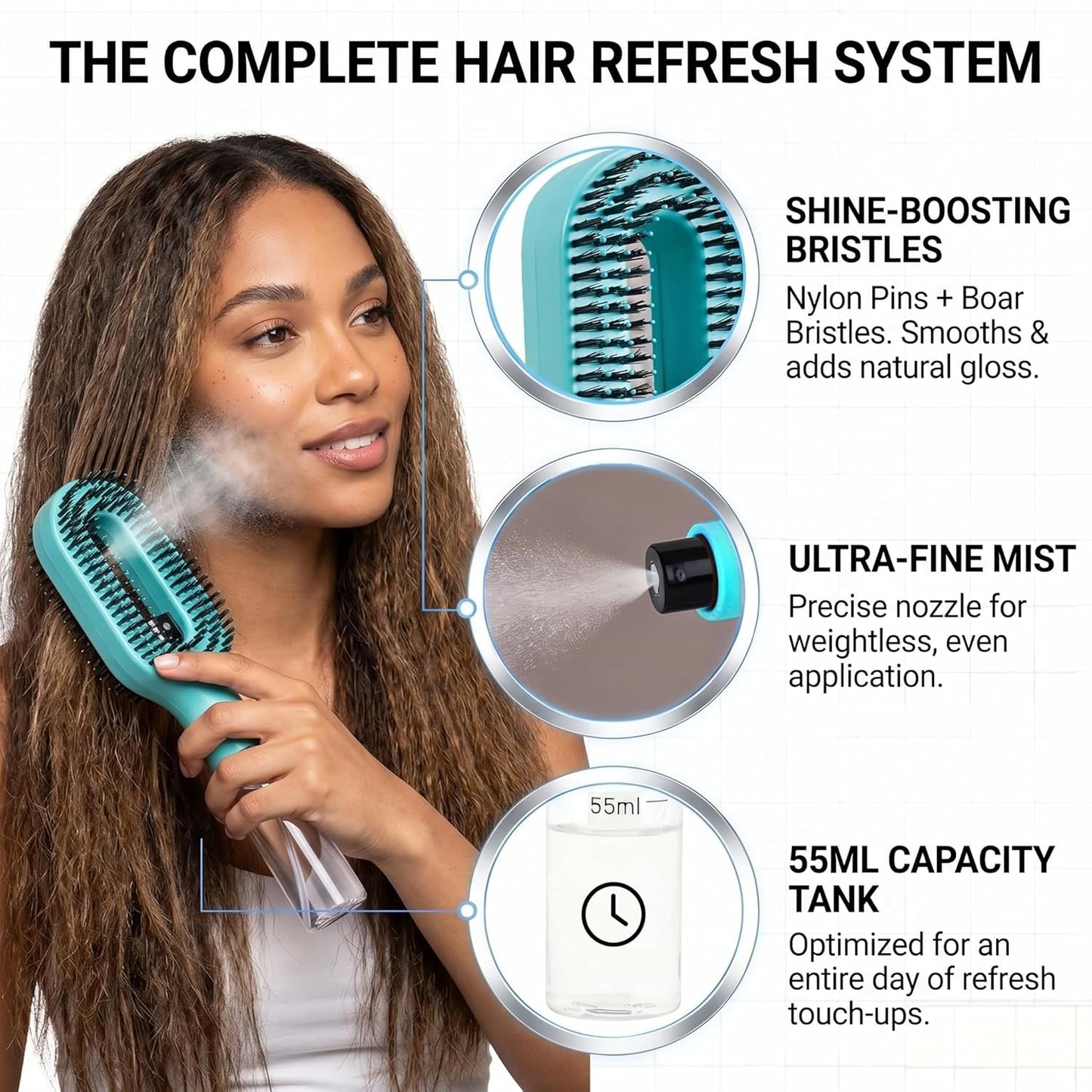 Hair Refresh Spray Brush, 2-In-1 Detangling Hairbrush with Fine Mist Sprayer, Instant Morning Hair Fix, No-Wash Styling Tool, Anti-Frizz & Static Control, Portable for Travel Gym Office