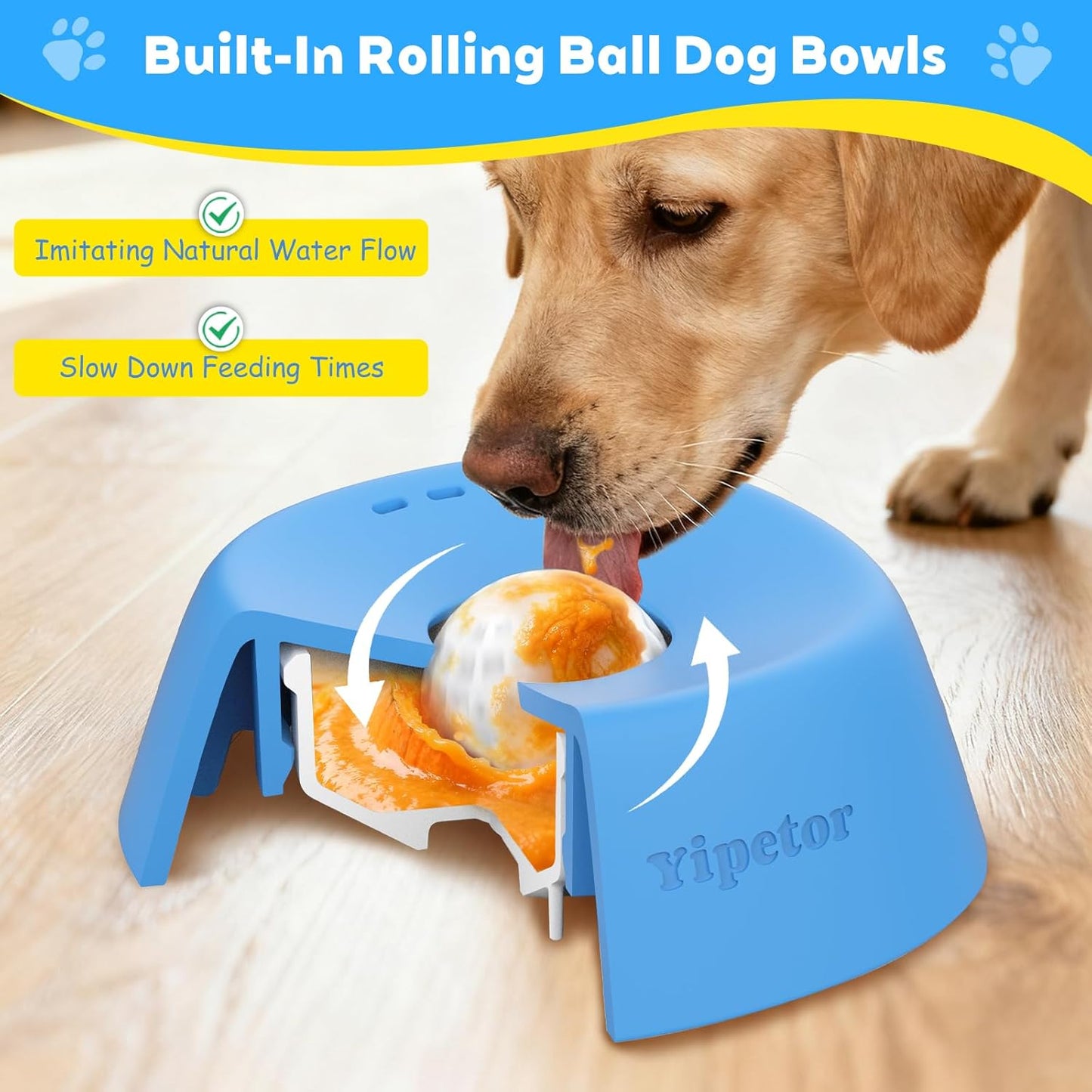 Slow Feeder Dog Bowls for Liquid Treat, 【Enrichment Ball-Roll】 Bone Broth Dog Lick Bowl, 3/4 Cup Yogurt Pup Lick Toy for Large Medium Small Breeds Dietary Supplement/Post-Op Nutrition