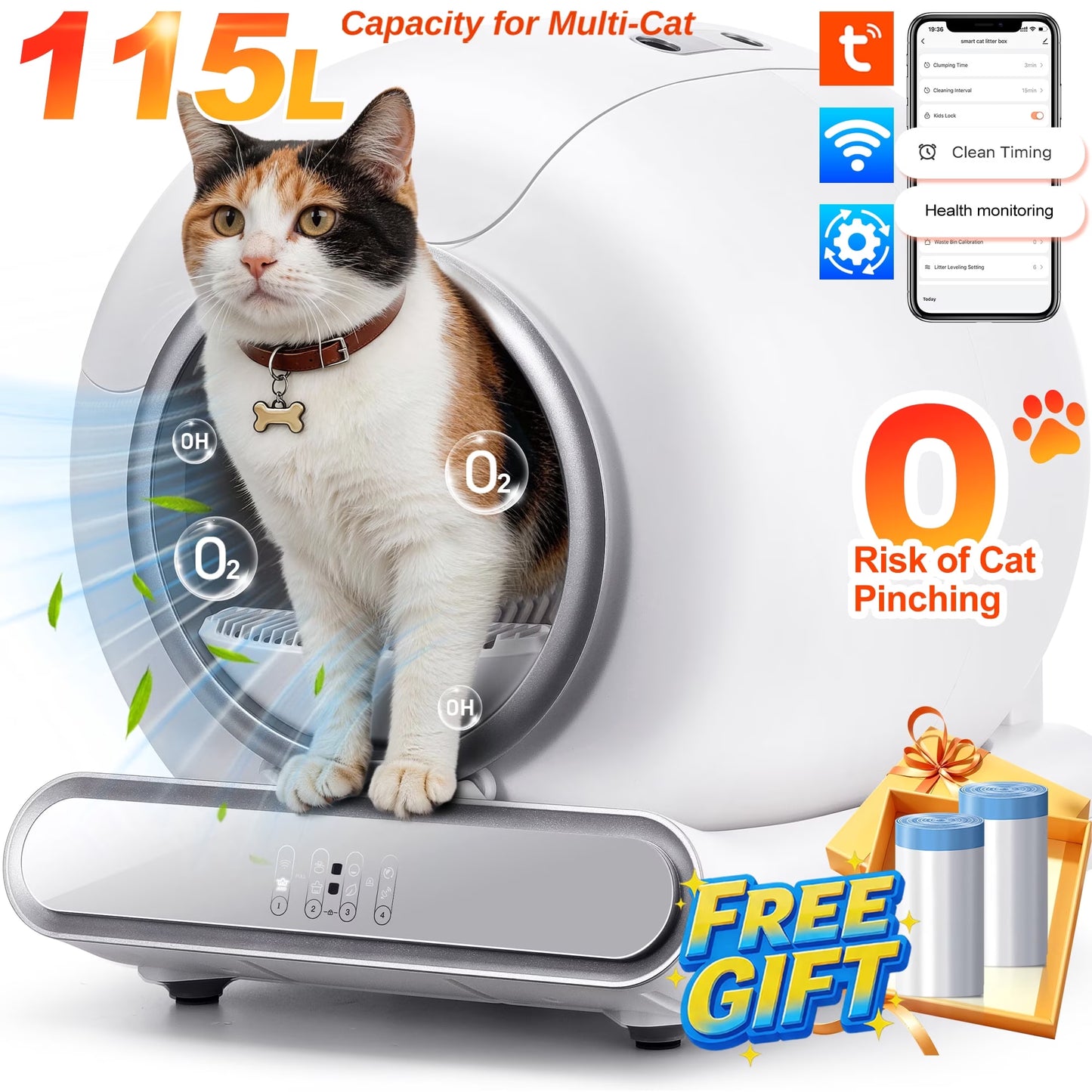 Self Cleaning Cat Litter Box, Automatic Litter Box W/ Liner, Dual Sensor Protection for Multi Cat, APP+ Panel Control, Odor Removal, Health Monitoring, Large Capacity Litter Box