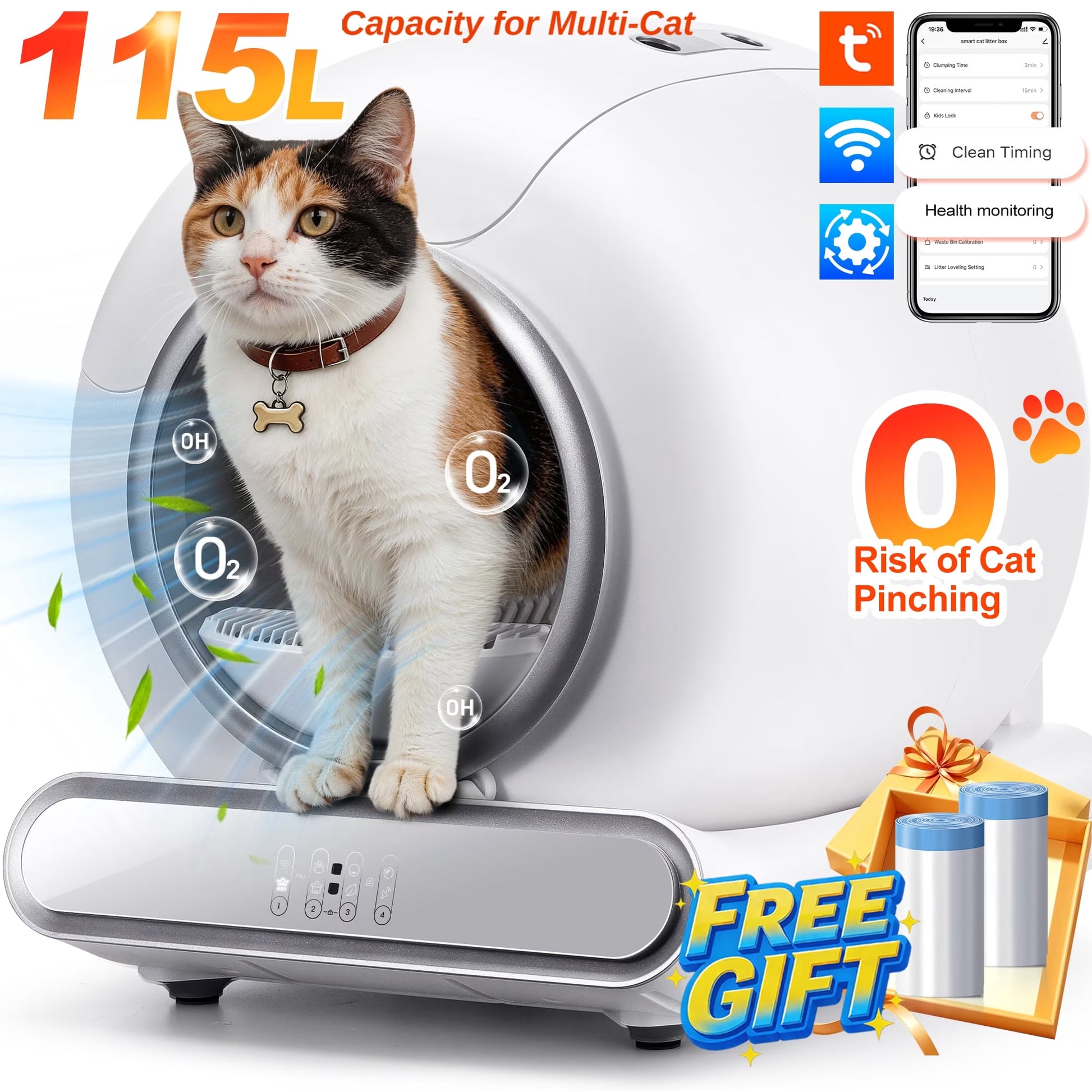 Self Cleaning Cat Litter Box, Automatic Litter Box W/ Liner, Dual Sensor Protection for Multi Cat, APP+ Panel Control, Odor Removal, Health Monitoring, Large Capacity Litter Box
