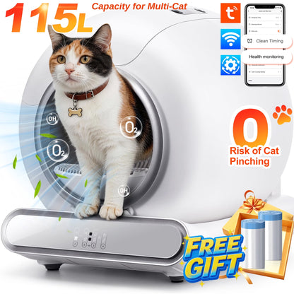 Self Cleaning Cat Litter Box, Automatic Litter Box W/ Liner, Dual Sensor Protection for Multi Cat, APP+ Panel Control, Odor Removal, Health Monitoring, Large Capacity Litter Box