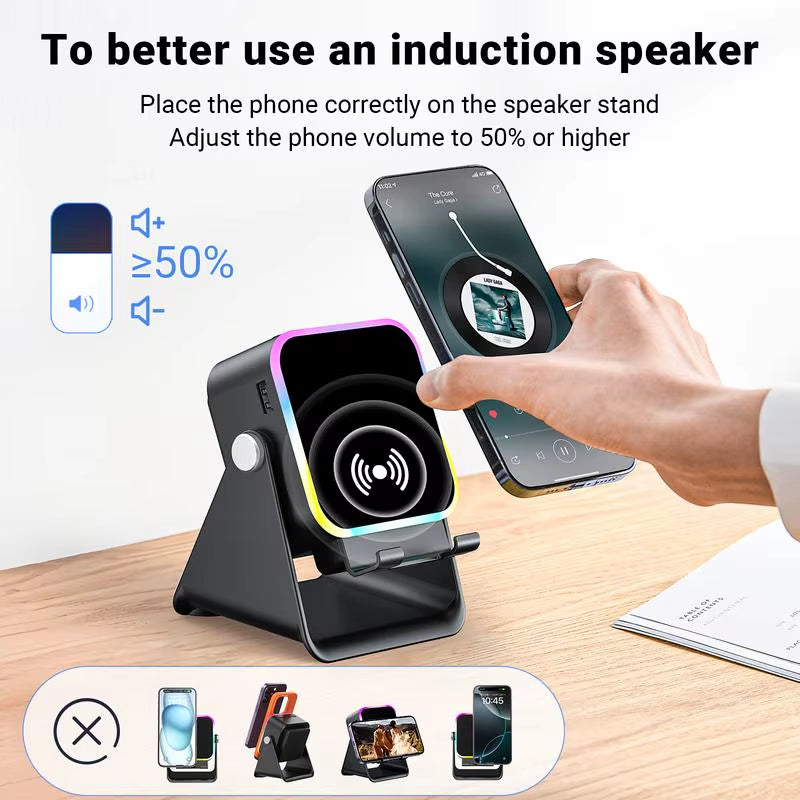 2026 Wireless Induction Audio Speaker Bracket Emergency Power 360 Adjustable Bracket with Colorful Ambient Light.