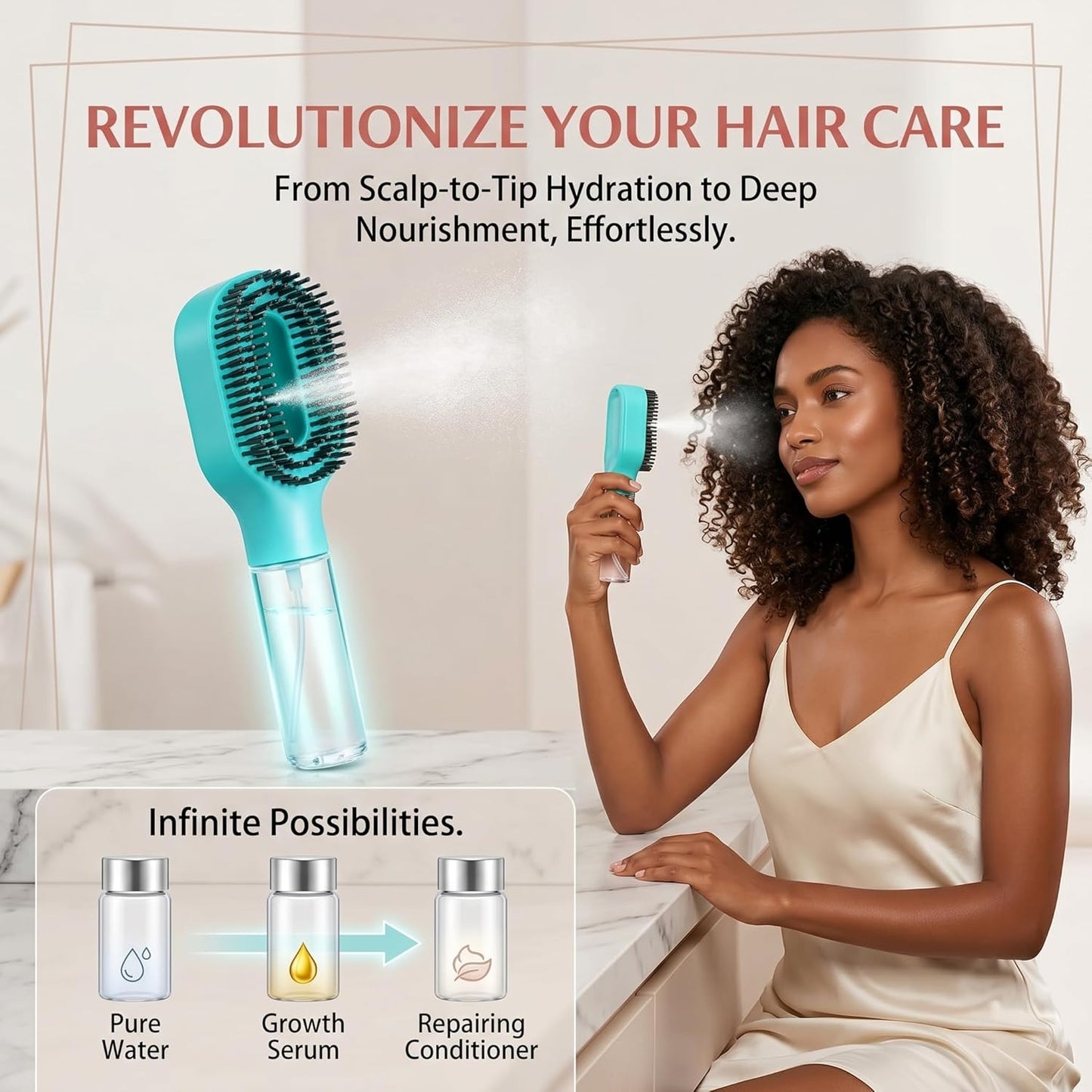 Hair Refresh Spray Brush, 2-In-1 Detangling Hairbrush with Fine Mist Sprayer, Instant Morning Hair Fix, No-Wash Styling Tool, Anti-Frizz & Static Control, Portable for Travel Gym Office