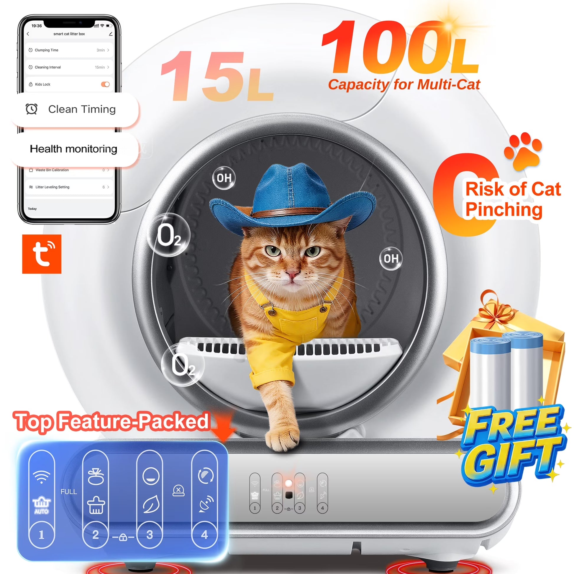 Self Cleaning Cat Litter Box, Automatic Litter Box W/ Liner, Dual Sensor Protection for Multi Cat, APP+ Panel Control, Odor Removal, Health Monitoring, Large Capacity Litter Box