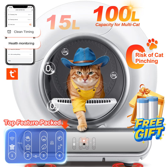 Self Cleaning Cat Litter Box, Automatic Litter Box W/ Liner, Dual Sensor Protection for Multi Cat, APP+ Panel Control, Odor Removal, Health Monitoring, Large Capacity Litter Box