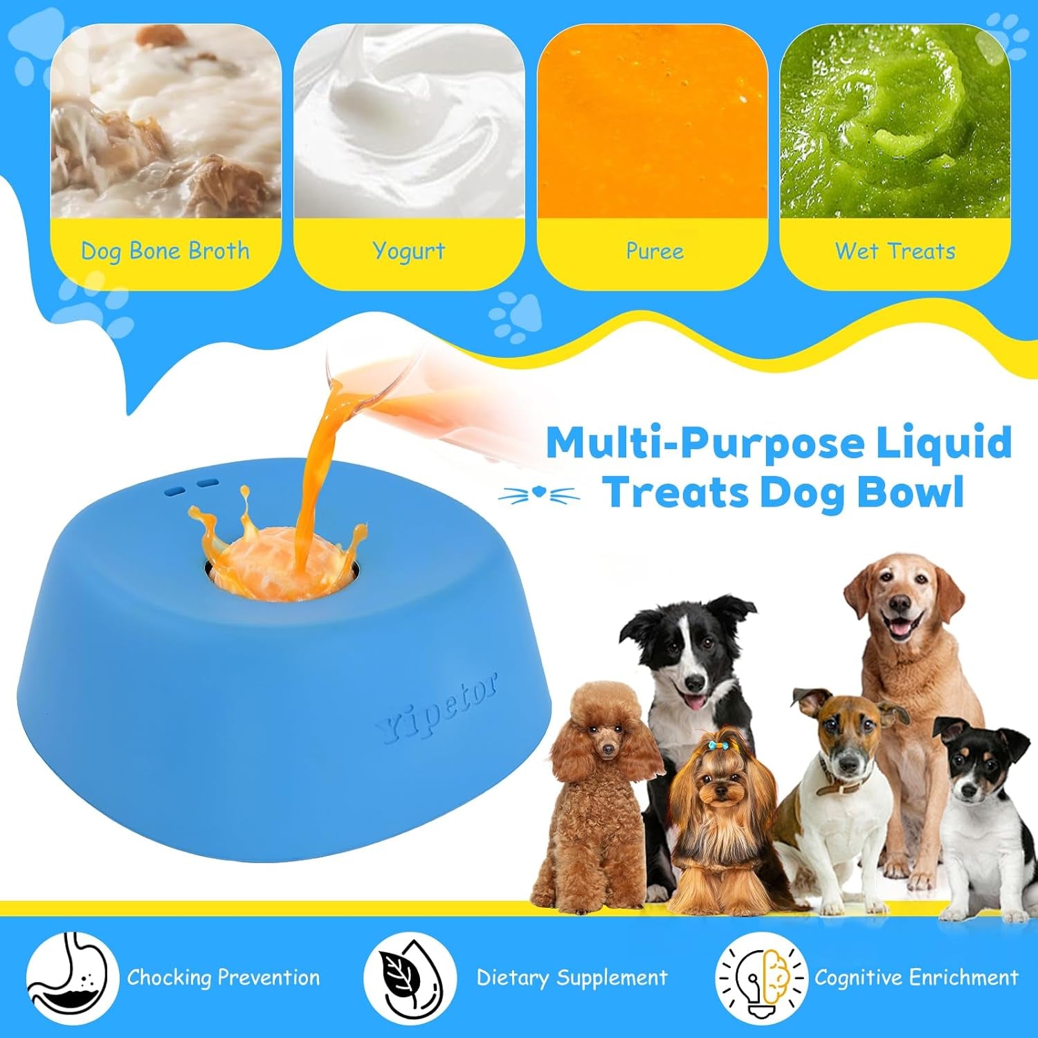 Slow Feeder Dog Bowls for Liquid Treat, 【Enrichment Ball-Roll】 Bone Broth Dog Lick Bowl, 3/4 Cup Yogurt Pup Lick Toy for Large Medium Small Breeds Dietary Supplement/Post-Op Nutrition